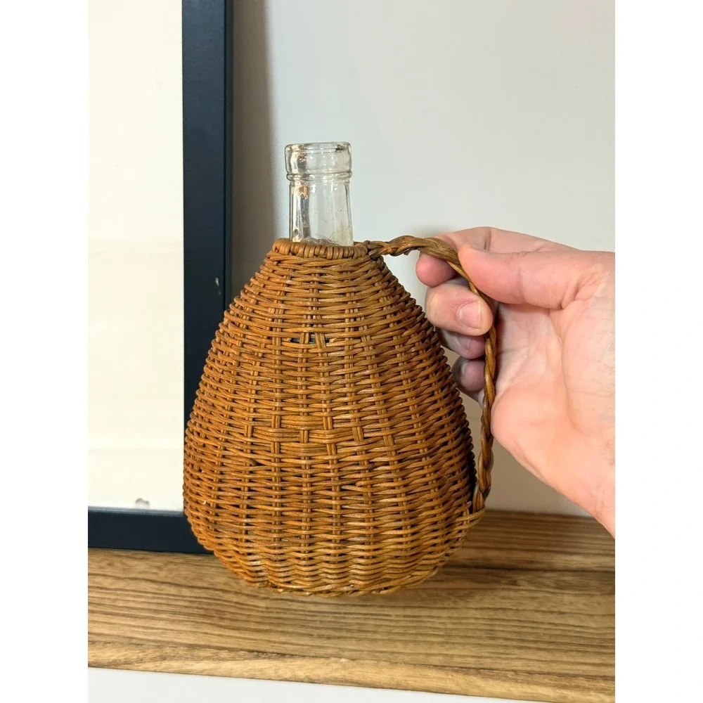 Vintage Wicker Wrapped Glass Demijohn Bottle Jug Vase Decanter Rustic Boho Decor